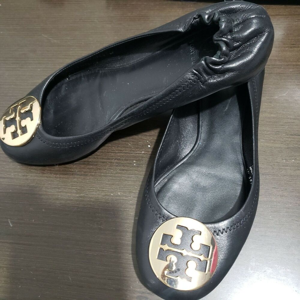 Tory Burch Black Flat Shoes Gold Logo 8M - Picture 5 of 12